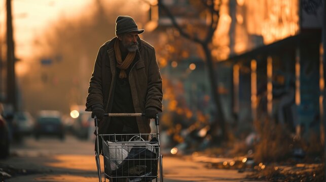 Desperate homeless man carries shopping cart with his belongings