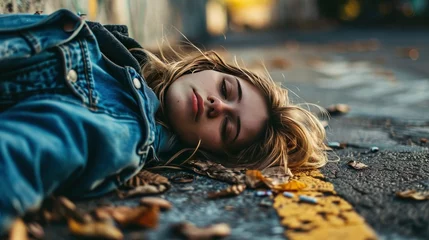 Fotobehang Young girl addicted to opiates lying on the street - modern fentanyl epidemic concept © EMRAN