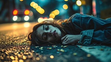 Young girl addicted to opiates lying on the street - modern fentanyl epidemic concept - obrazy, fototapety, plakaty