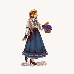 illustration of a woman with a fox head carrying flowers