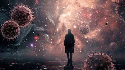 Virus in space around a man. A human surrounded by infection and bacteria. Corona or covid threat illustration. Pandemic risk. - obrazy, fototapety, plakaty