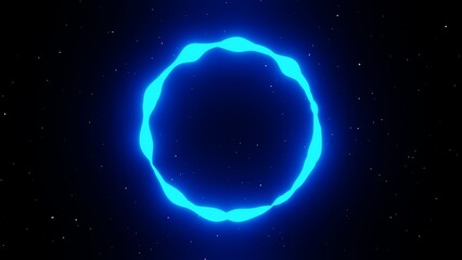 3d neon abstract alien shape liquid circle frame in dark sky. Fluid blob morph background isolated black. Disco retro footage 