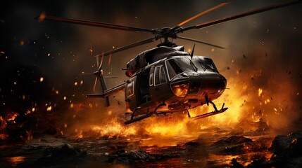 helicopter on war zone fire and smoke in the desert background