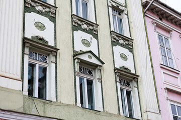 Naklejka premium Building. Balcony. Facade. Framing. Console. Wall. Glass. Window. Fronts. Decoration.