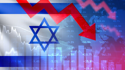 Financial crisis in Israel. Down arrow near national flag. Graph shows beginning of crisis....