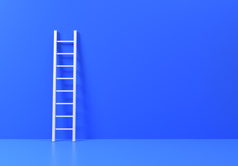 Stairs near blue wall. Steps for molar work. Copy space. Ladder is metaphor for leadership. Steps as symbol of career growth. Place for text. Staircase is supported by wall. 3d image