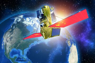 Chinese space satellite. Spaceship over planet earth. Flying satellite with Chinese flag. PRC space...