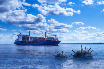 Underwater mines in sea. Bombs surfaced near cargo ship. Naval bombs above surface of water....