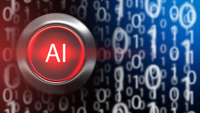 AI button. Artificial intelligence. Button to launch AI technologies. Innovations in field of digitalization. Binary code around AI logo. Launch of artificial intelligence technologies. 3d image