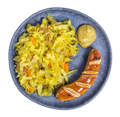 Braised cabbage with wiener and mustard on plate above, isolated