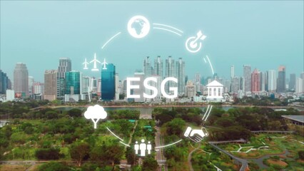 ESG Save the earth planet net zero waste reduce CO2 emission. Forest tree nature in city public park global care eco growth hope future in clean power energy. Ethical SDGs social control protect plan.