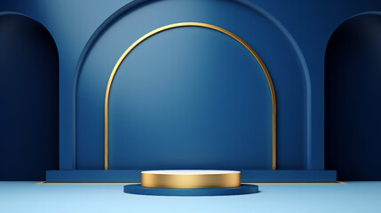 Elegant Blue Cylinder Podium with Gold Border, Isolated on White Background - Modern 3D Rendering for Product Showcase and Awards Ceremony