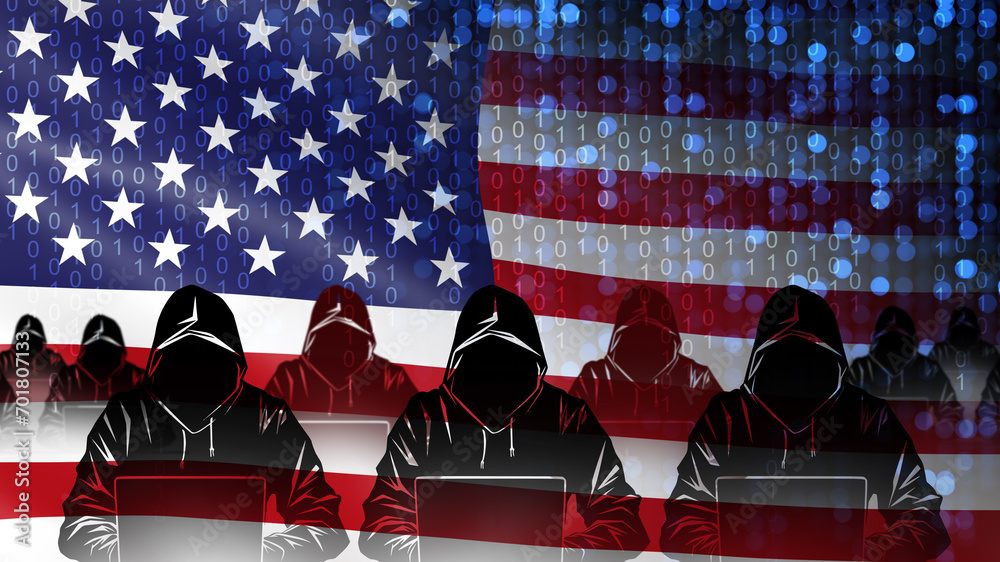 Poster usa hacker flag. cyber army silhouettes with laptops. hooded people use computers. hackers from unit