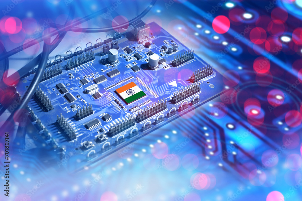 Poster microprocessor with india flag. computer chip. pcb close-up. concept for microprocessor production i
