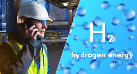 Hydrogen energy. Man technologist with phone. H2 logo near hydrogen molecules. Man stands near...