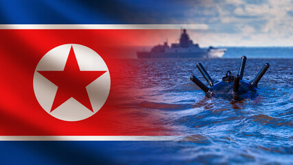 Underwater mine. Flag of north Korea. Warship at sea. Sea bomb floats in ocean. Mine to protect...
