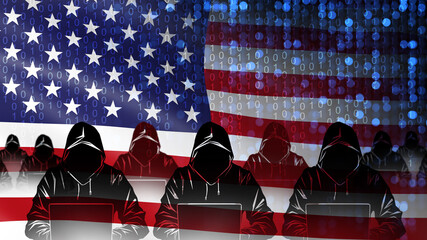 USA hacker flag. Cyber army silhouettes with laptops. Hooded people use computers. Hackers from...