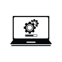 Technical support icon. Computer service. Gears screen laptop. Isolated vector illustration in flat style.