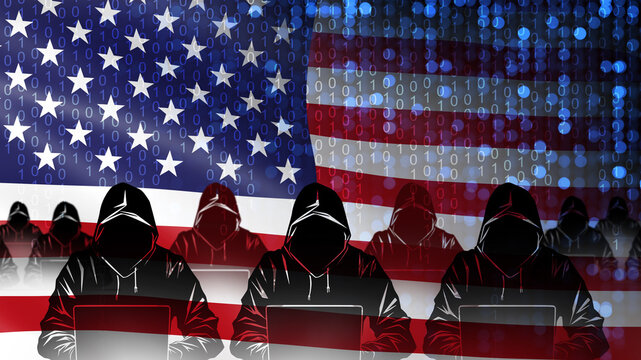 USA hacker flag. Cyber army silhouettes with laptops. Hooded people use computers. Hackers from united states. American flag with binary code. USA cyber forces. Hackers creating malware. 3d image - Powered by Adobe