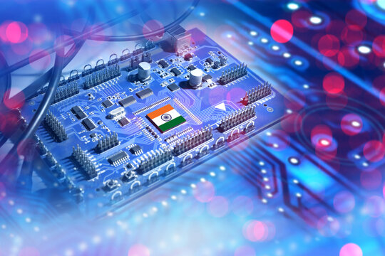 Microprocessor with India flag. Computer chip. PCB close-up. Concept for microprocessor production in India. Digital board being tested. Indian semiconductor industry. Motherboard made in India