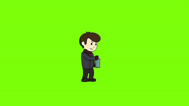 Little kid boy spray can attack animation. Green Screen loop animation. Game assets character.