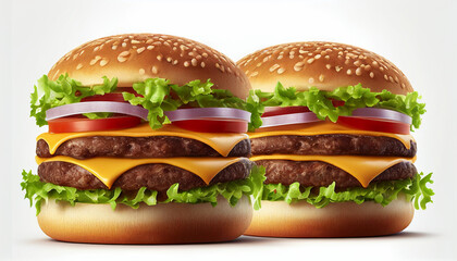 Large, delicious burgers set up on a white background