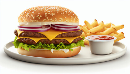 Burgers and fries in close-up on a dish, isolated on a white background