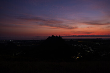 View of sunrise from top of le pouce mountain in Mauritius island