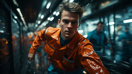 Fototapeta na wymiar A hurry man in an orange work uniform. Generative AI