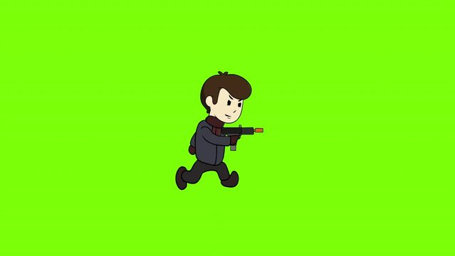 Little kid boy running with toy gun shoot attack animation. Green Screen loop animation. Game assets character.