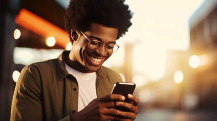 An young man with huge afro looking at the smartphone and laughing closeup. - Powered by Adobe