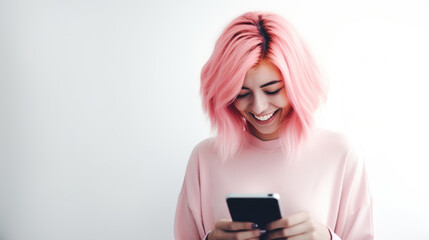 Fototapeta premium A pink-haired young woman looking at the smartphone and laughing closeup.