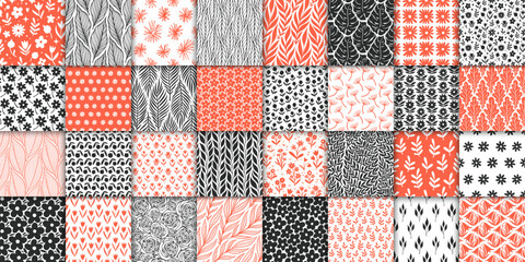 32 floral seamless pattern collection. Minimalistic neutral hand drawn doodle seamless pattern with flowers and leaves