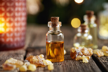 Frankincense essential oil in a glass bottle