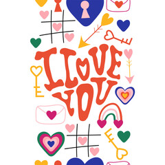 I love you retro border. Hand written heart shaped phrase. Vector groovy Valentine's day card.