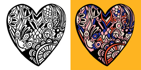 Doodle tattoo art with heart. design for coloring book, coloring page, wedding invitation, valentines card, engraving.