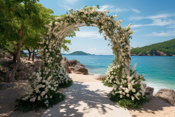 Wedding arch decorated with white flowers for marriage registration on the seashore or ocean
