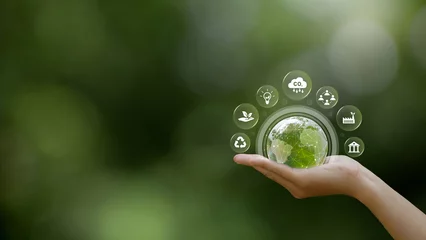 Foto op Canvas ESG environment social governance investment business concept. Hand of human holding Crystal globe ball with environment icons. Business Strategy and Sustainable Development. green investment. © Antony Weerut
