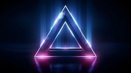Neon triangle with light rays on dark background. Vector illustration.