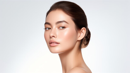 clean natural make up beauty of a young brunette asian woman with copy space on white background