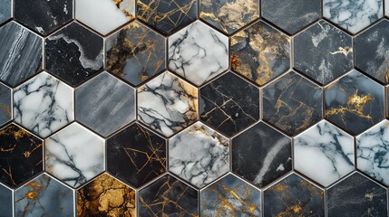 3d rendering of abstract metallic background with hexagons in black and gold color