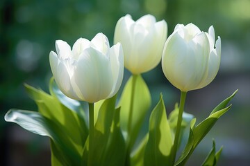 Three white tulips with green leaves in a vase.