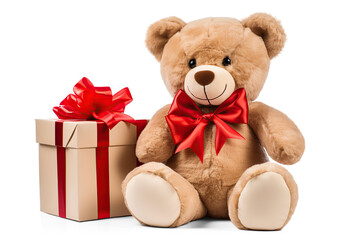Bear toy with gift box. Cut out on transparent