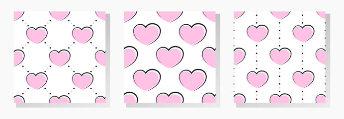 Valentine's day vector seamless patterns collection. Hearts in black, white and pink colors. Best for textile, wallpapers, wrapping paper, package and valentine's day decoration.