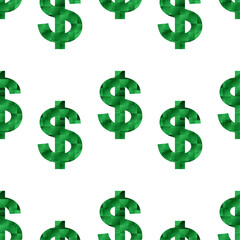 Dollar vector seamless pattern. Faceted crystal USD symbols on white background. Best for polygraphy, mobile apps and web design.