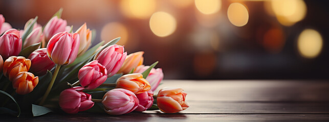 A bunch of pink and orange tulips on a table. Copy-space, place for text.
