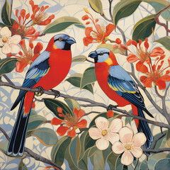 pair of birds and flowers illustration,created with Generative AI tecnology.
