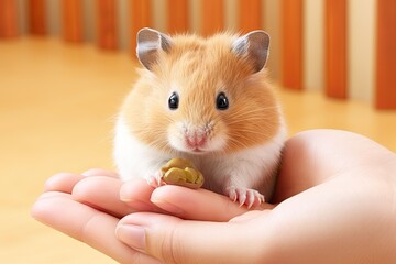 Fototapeta premium Portrait of a beautiful pet hamster in human hands, hamster looking into camera, caring for a pet, Generate Ai