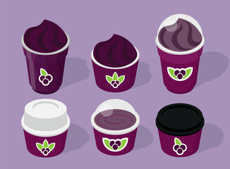 Acai berry, açaí, açai brazilian fruit ice cream in cup and pot. Colorful vector illustraion icon set 