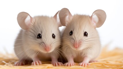A couple of mice sitting on top of a pile of hay. Laboratory animal, testing model for research.